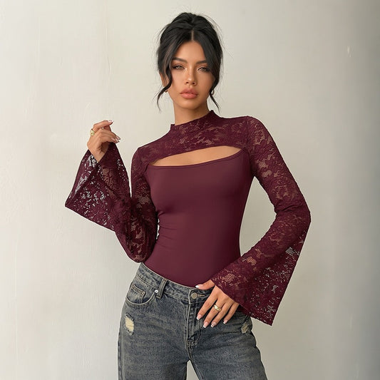 Solid Lace Top Romantic Cutout Bell Sleeve