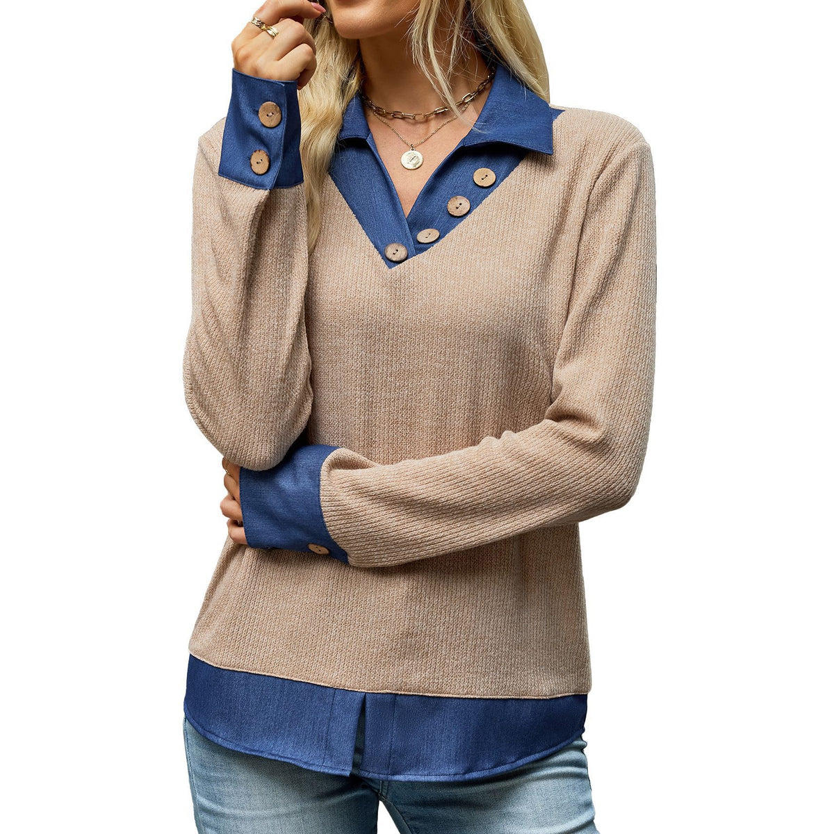 Women's Color Block Denim Collar Pullover Sweatshirt
