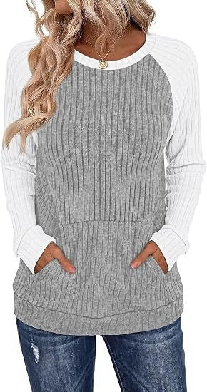 Ribbed Color Block Raglan Long Sleeve Pocket Tunic Top