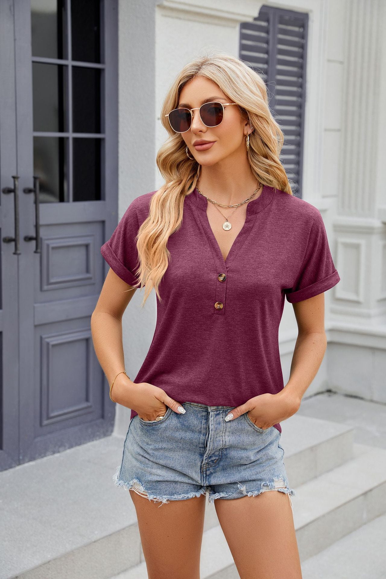Women's Casual Short Sleeve T Shirts Summer Button V Neck Tops