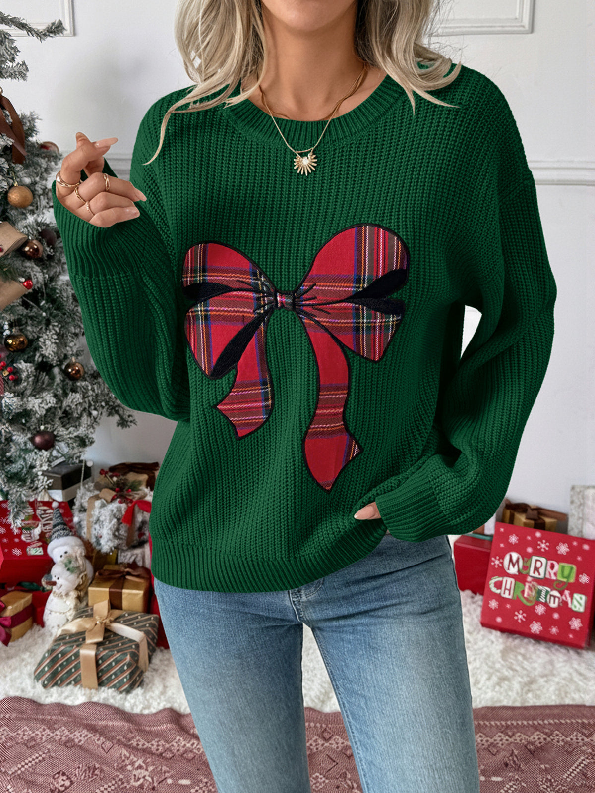 Women's Christmas Plaid Bow Oversized Knit Sweater