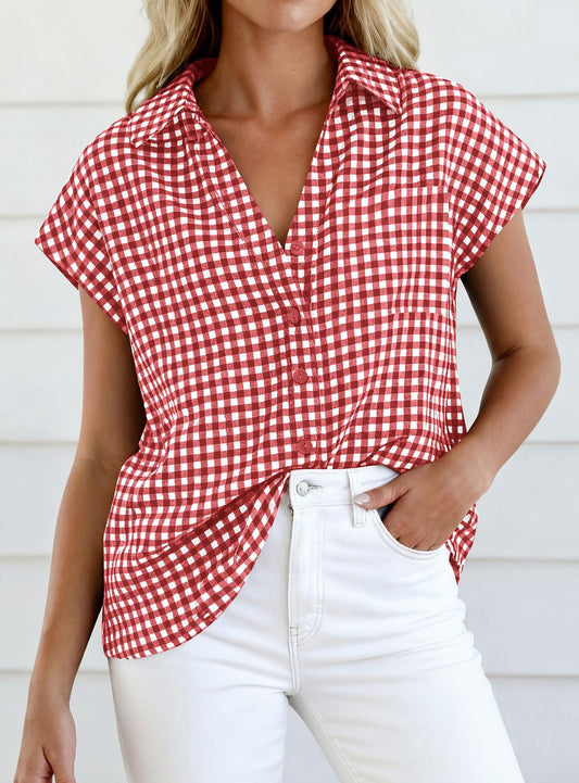 Women Gingham Button Down Summer Top Loose Fit Blouse