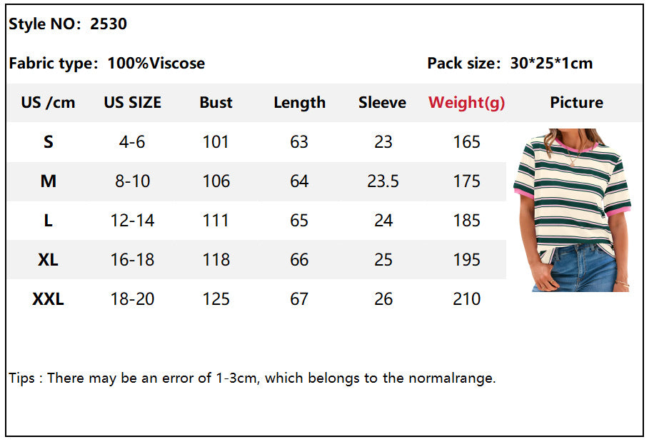 2025 Summer Round Neck Loose Top Striped Color Clash Short Sleeve T-Shirt