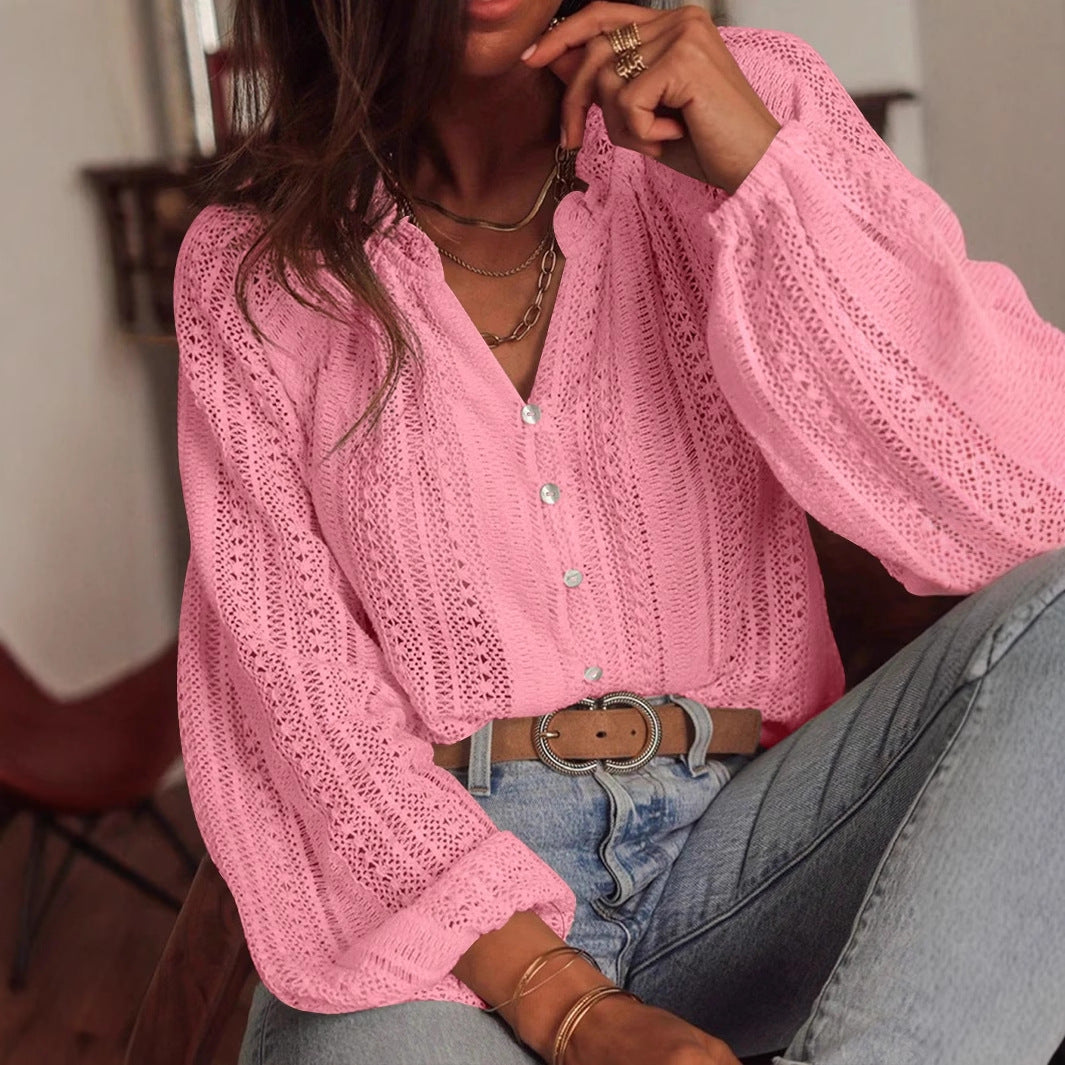Lace V-Neck Button Blouse Puff Sleeve Elegant Top
