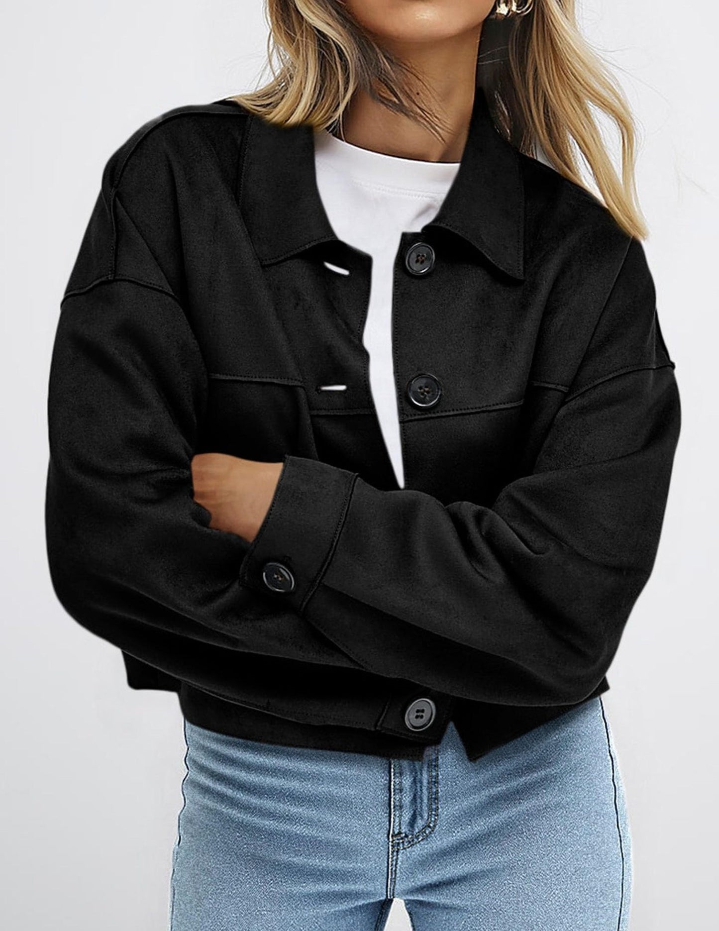 Solid Suede Jacket Western Cropped Button Front