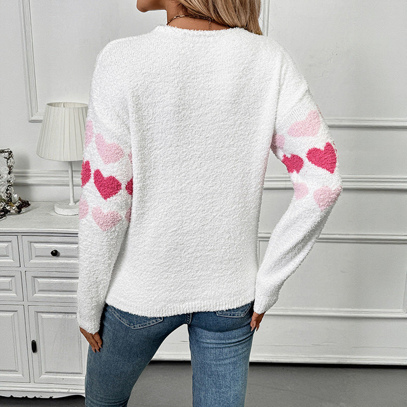 Heart Pattern V Neck Long Sleeve Fuzzy  Sweater
