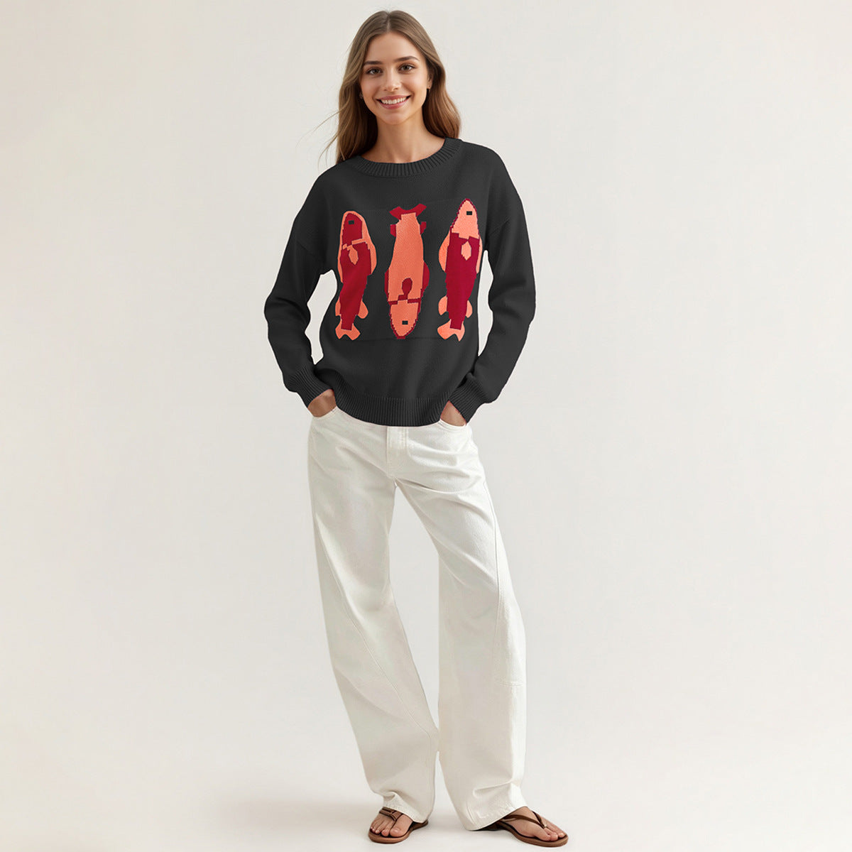 Women's Oversized Crewneck Graphic Knit Sweater