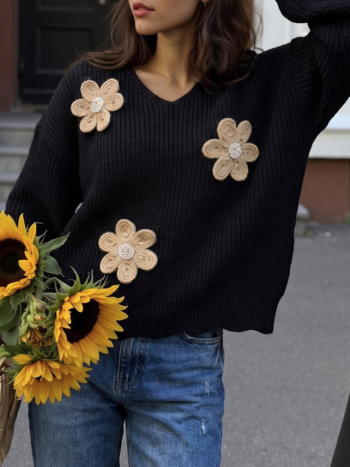 V-Neck Beaded Flower Sweater Balloon Sleeve Pullover