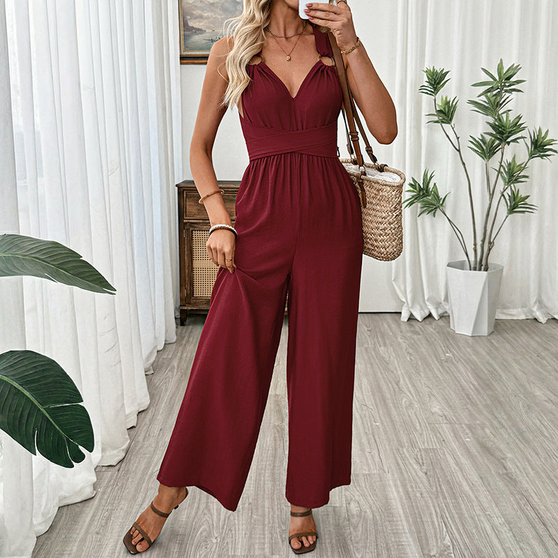 Backless Wide Leg Jumpsuit High Waist Summer Vacation Outfit