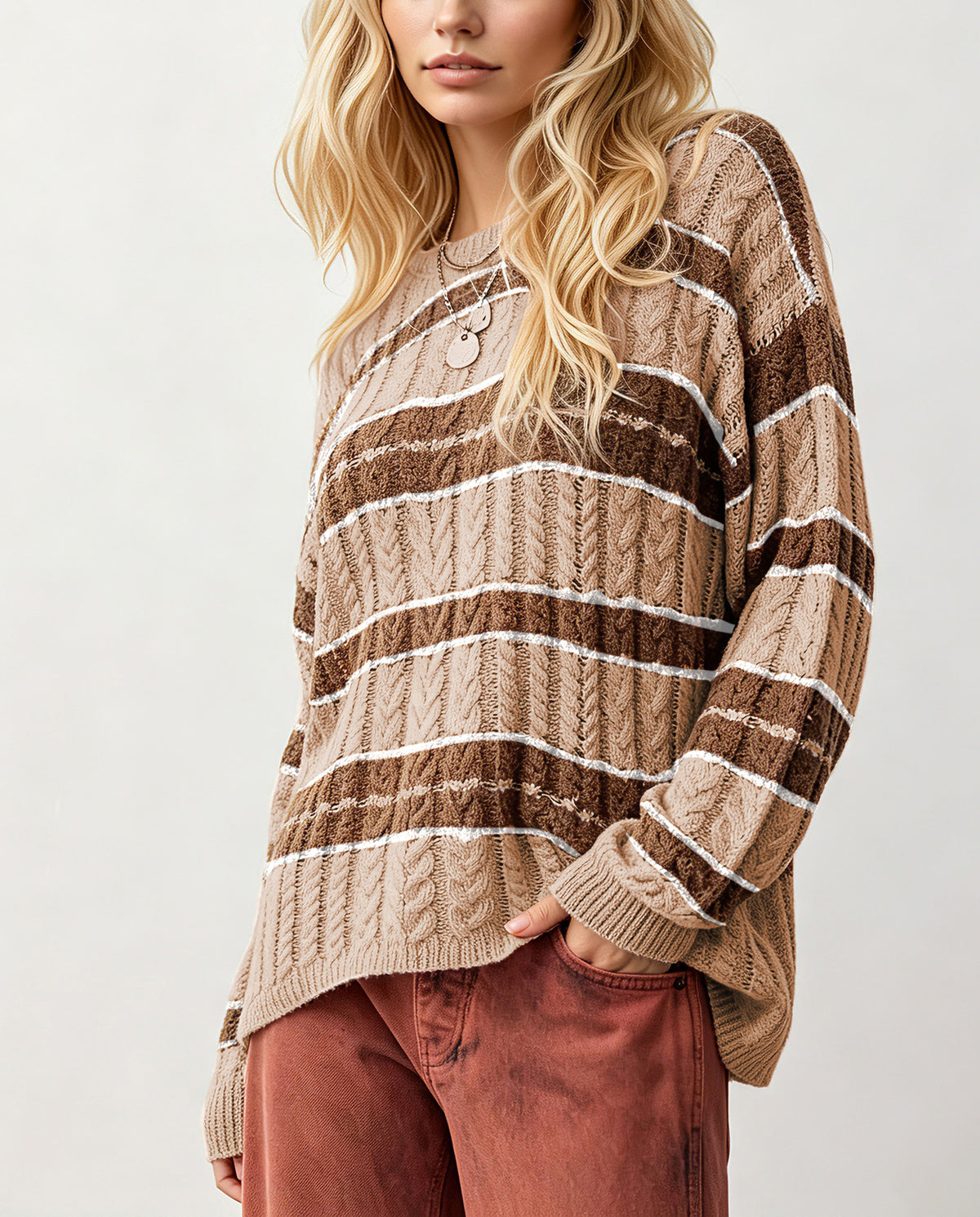Women's Oversized Cable Knit Striped Crew Neck Sweater