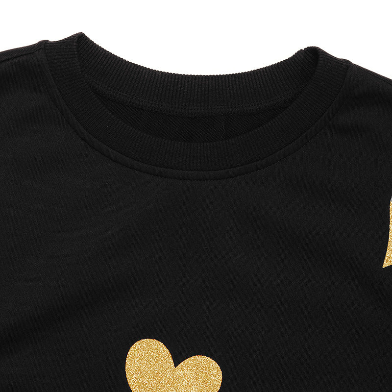 Black Gold Heart Print Long Sleeve Casual Sweatshirt