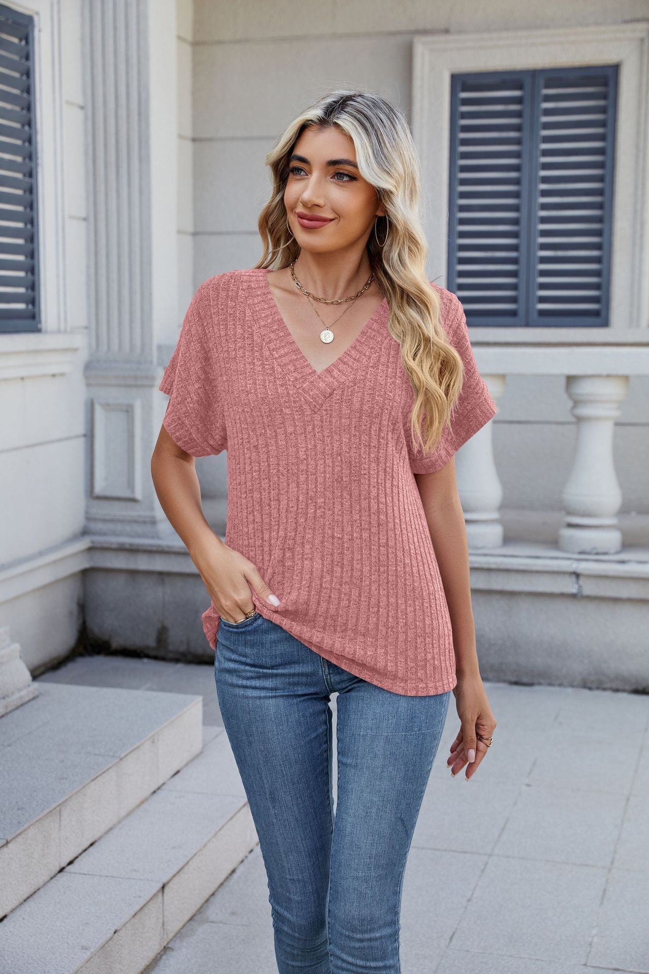 Ribbed Knit Top Casual Dolman Sleeve V Neck