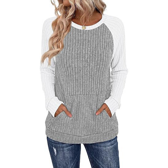 Ribbed Color Block Raglan Long Sleeve Pocket Tunic Top