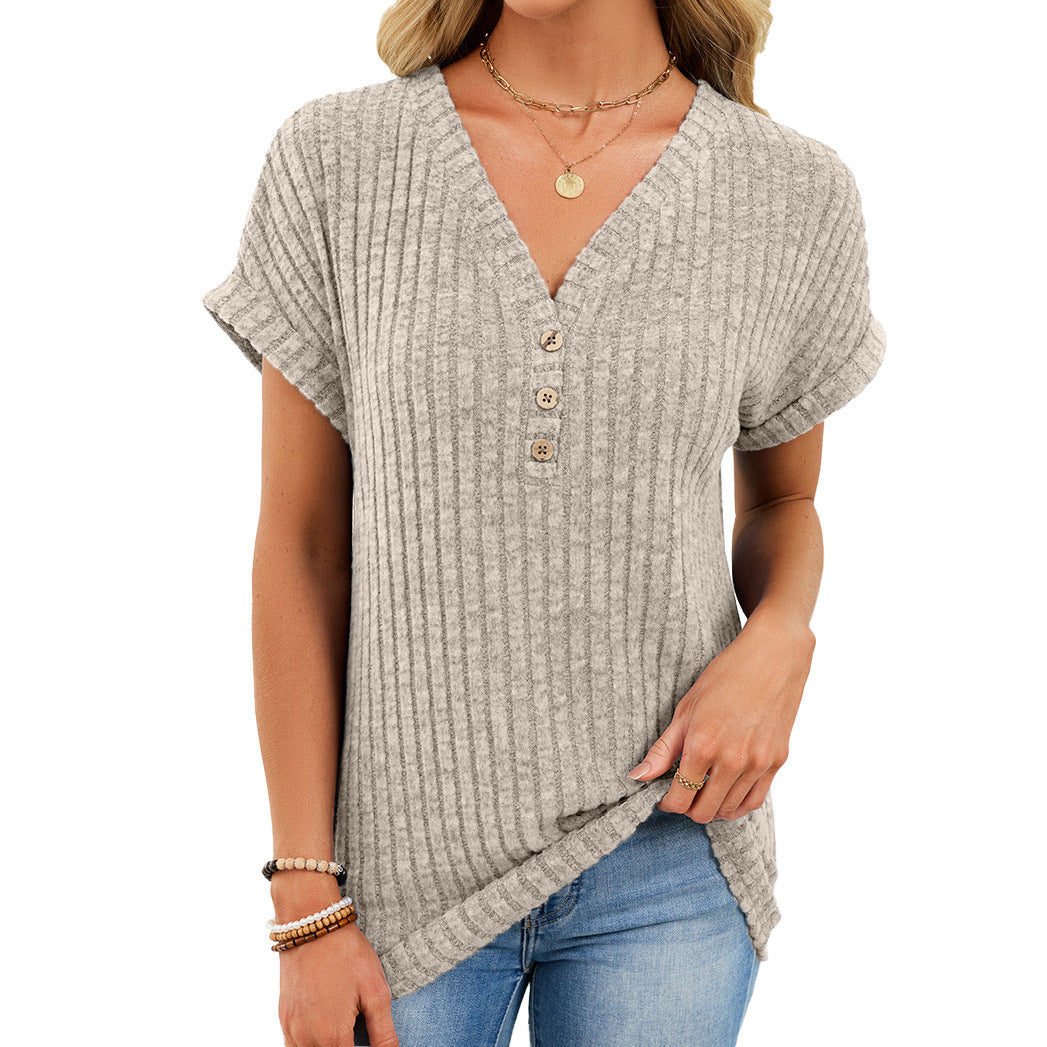 Solid Ribbed Knit Top V Neck Casual Short Sleeve