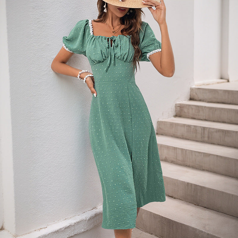 Stylish Lace-Accented Green Square Neck Dress with Side Slit