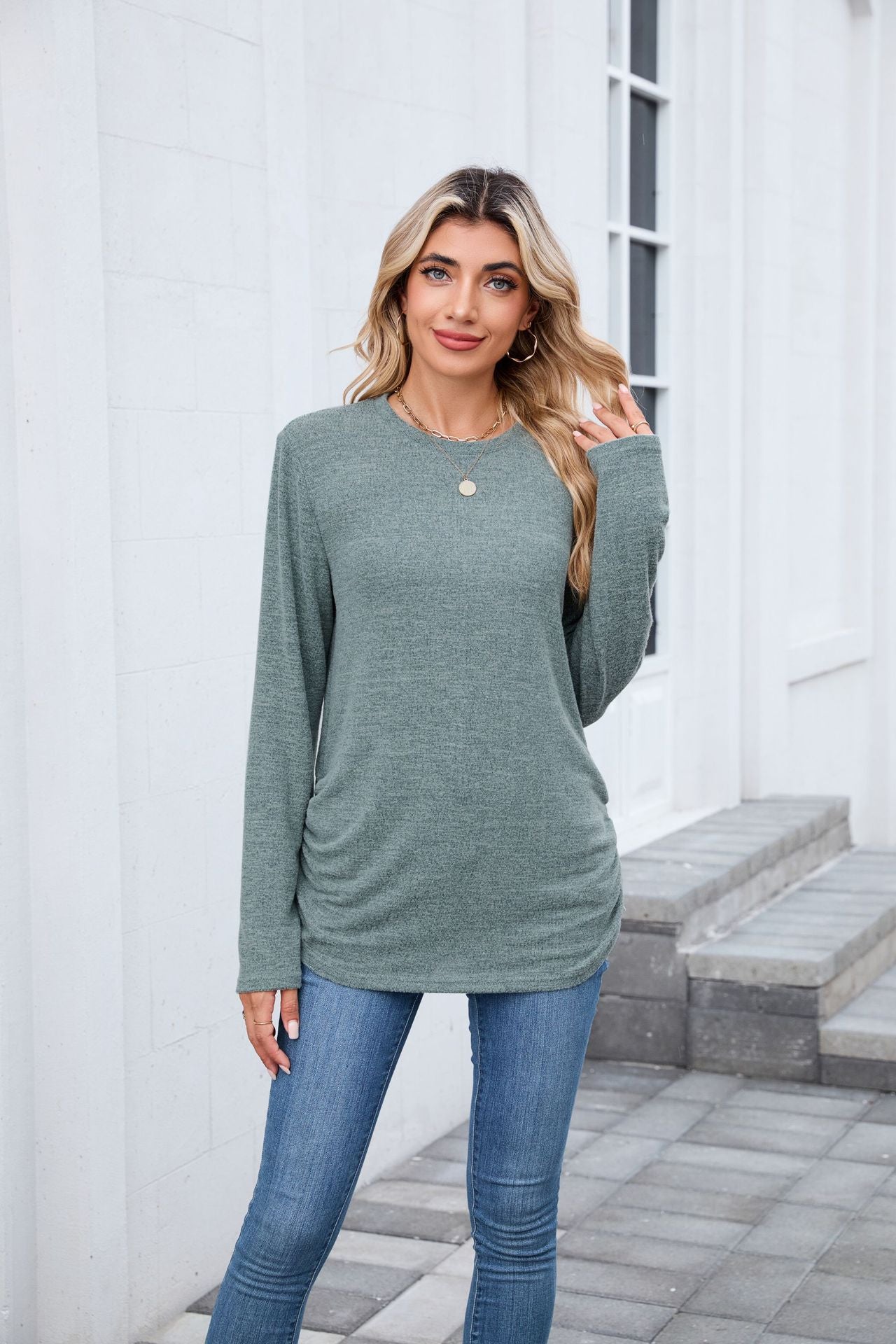 Soft Long Sleeve Round Neck Tunic Top | Loose Fit Casual Shirt for Women