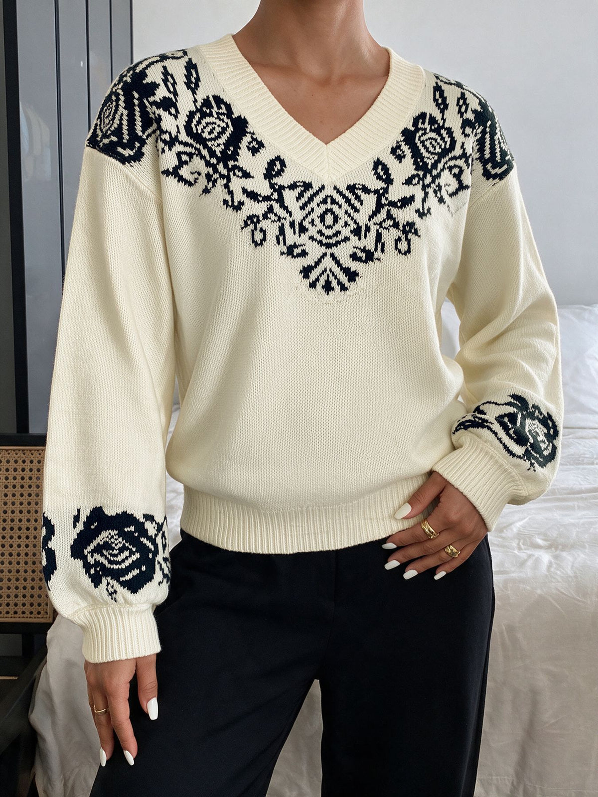 Women's Oversized V-Neck Rose Sweater Vintage Knit Pullover