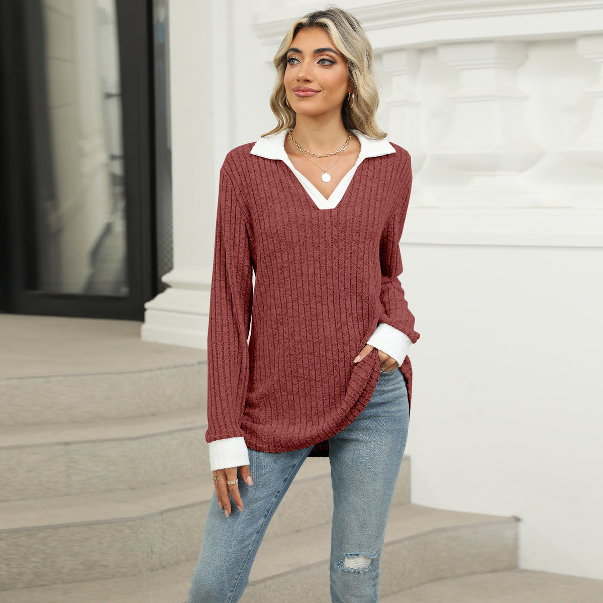 Women's Color Block Collar Long Sleeve Oversized Knit Top