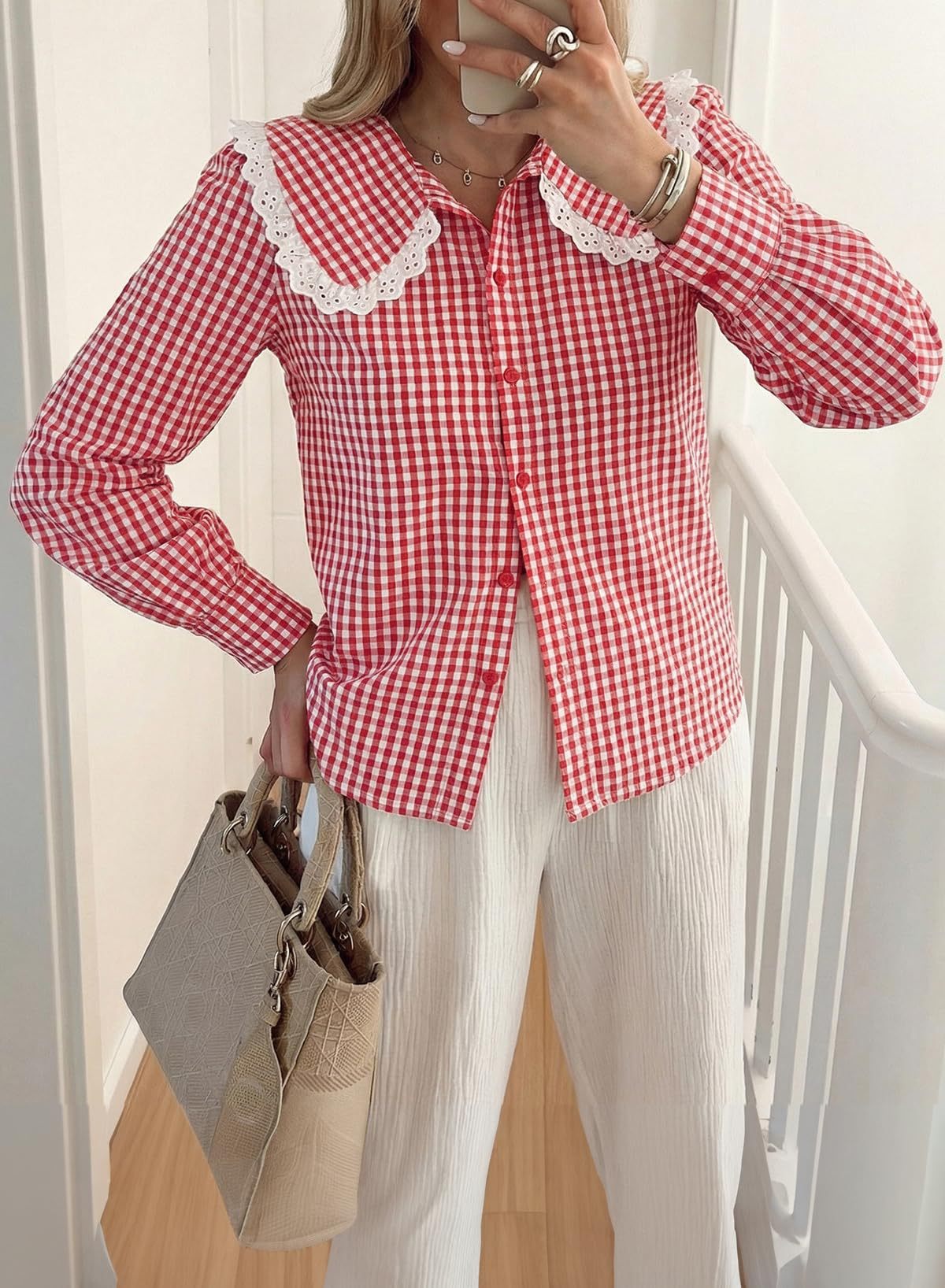 Gingham Lace Peter Pan Collar Long Sleeve Blouse