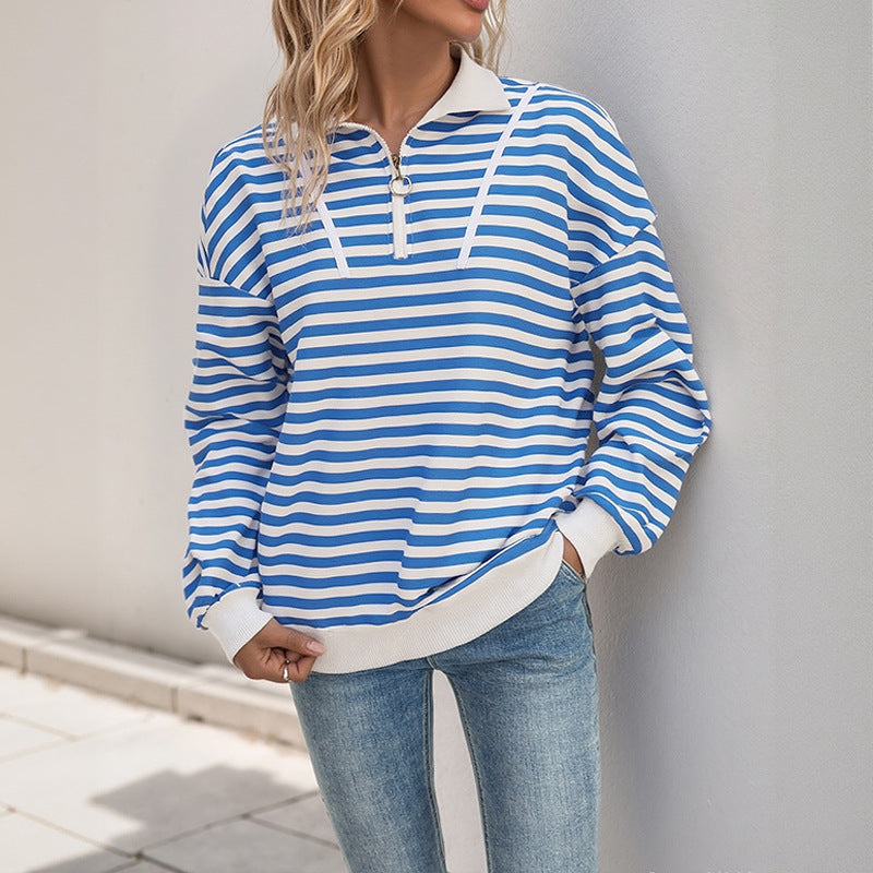 Striped Polyester Sweatshirt Casual Quarter Zip Oversized