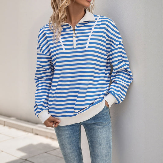 Striped Polyester Sweatshirt Casual Quarter Zip Oversized