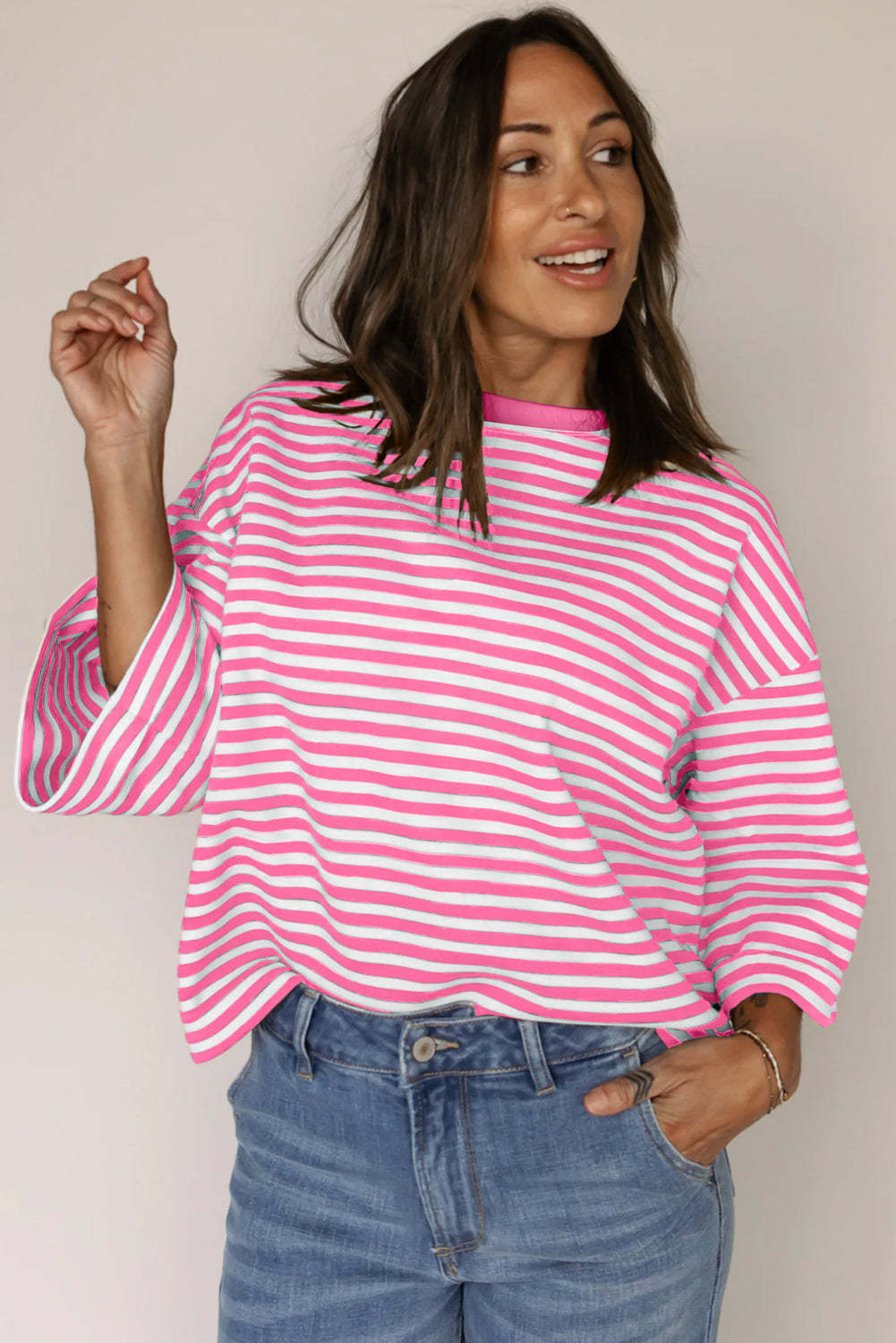 Womens Striped Top Loose Fit Short Sleeve Casual Tee