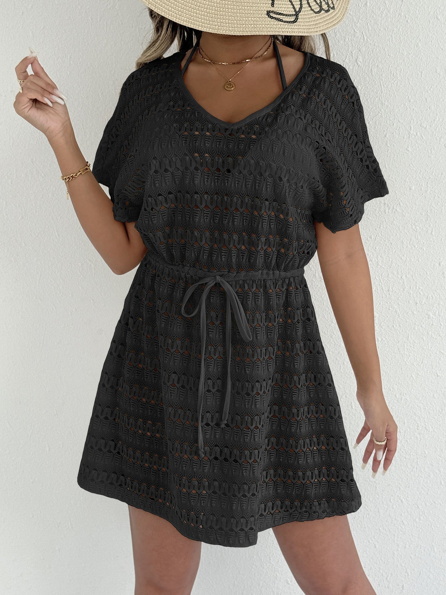 V Neck Lace Crochet Tie Waist Beach Cover Up Dress