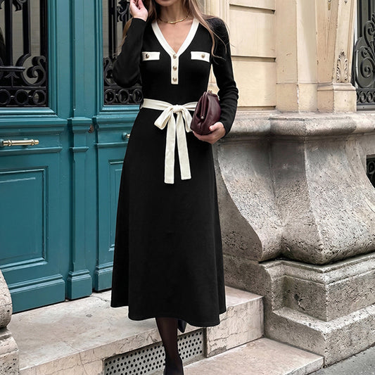 Contrast V Neck Knit Dress Slim Fit Long Sleeve Midi Dress