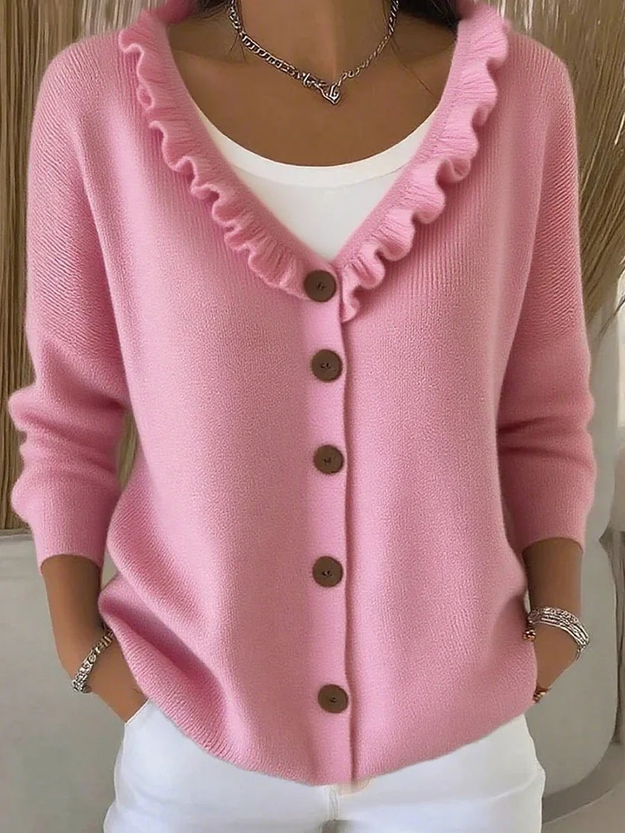 Ruffle Trim V Neck Button Front Knit Cardigan