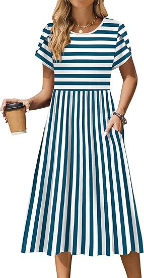 Boho Floral Midi Dress for Women Round Neck Short Sleeve