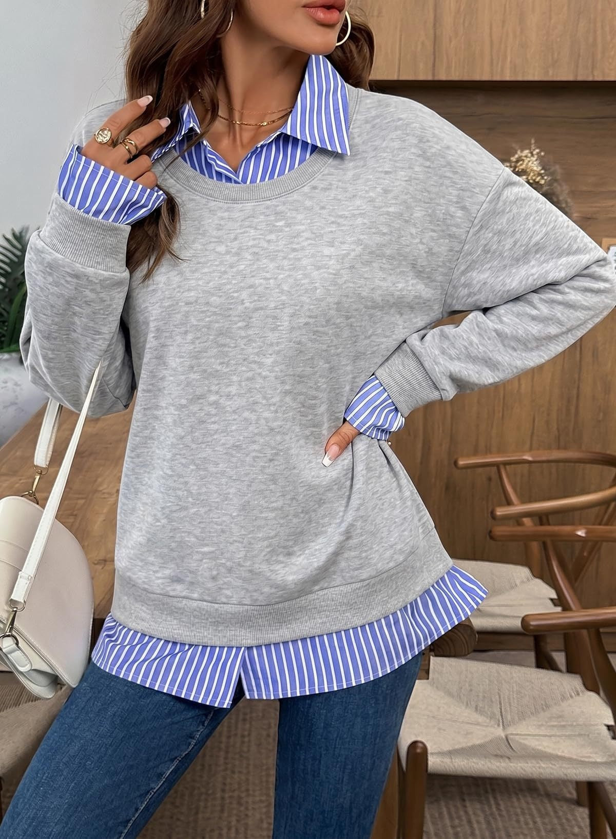 Faux Layered Crewneck Sweatshirt Striped Shirt Detail