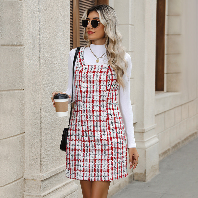 Plaid Tweed Sleeveless Mini Dress Vintage Fall Outfit