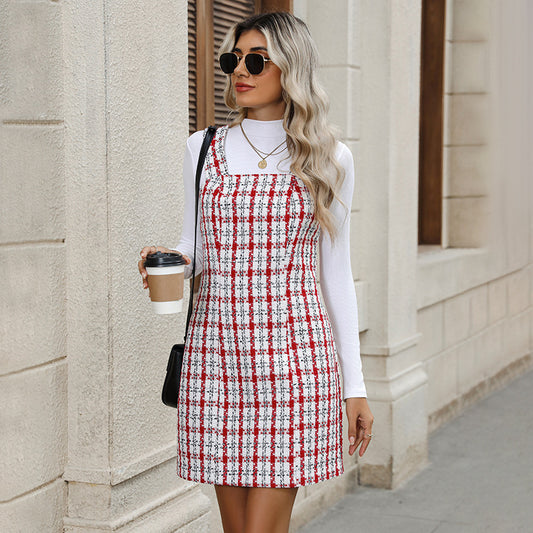 Plaid Tweed Sleeveless Mini Dress Vintage Fall Outfit