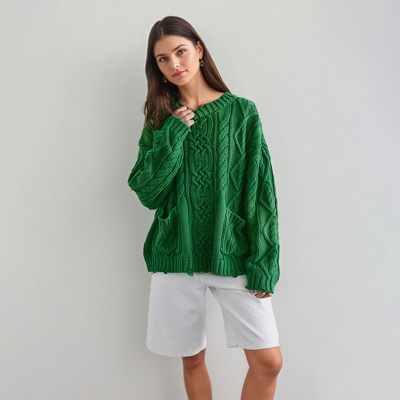Women's Oversized Cable Knit Pullover Sweater with Pocket