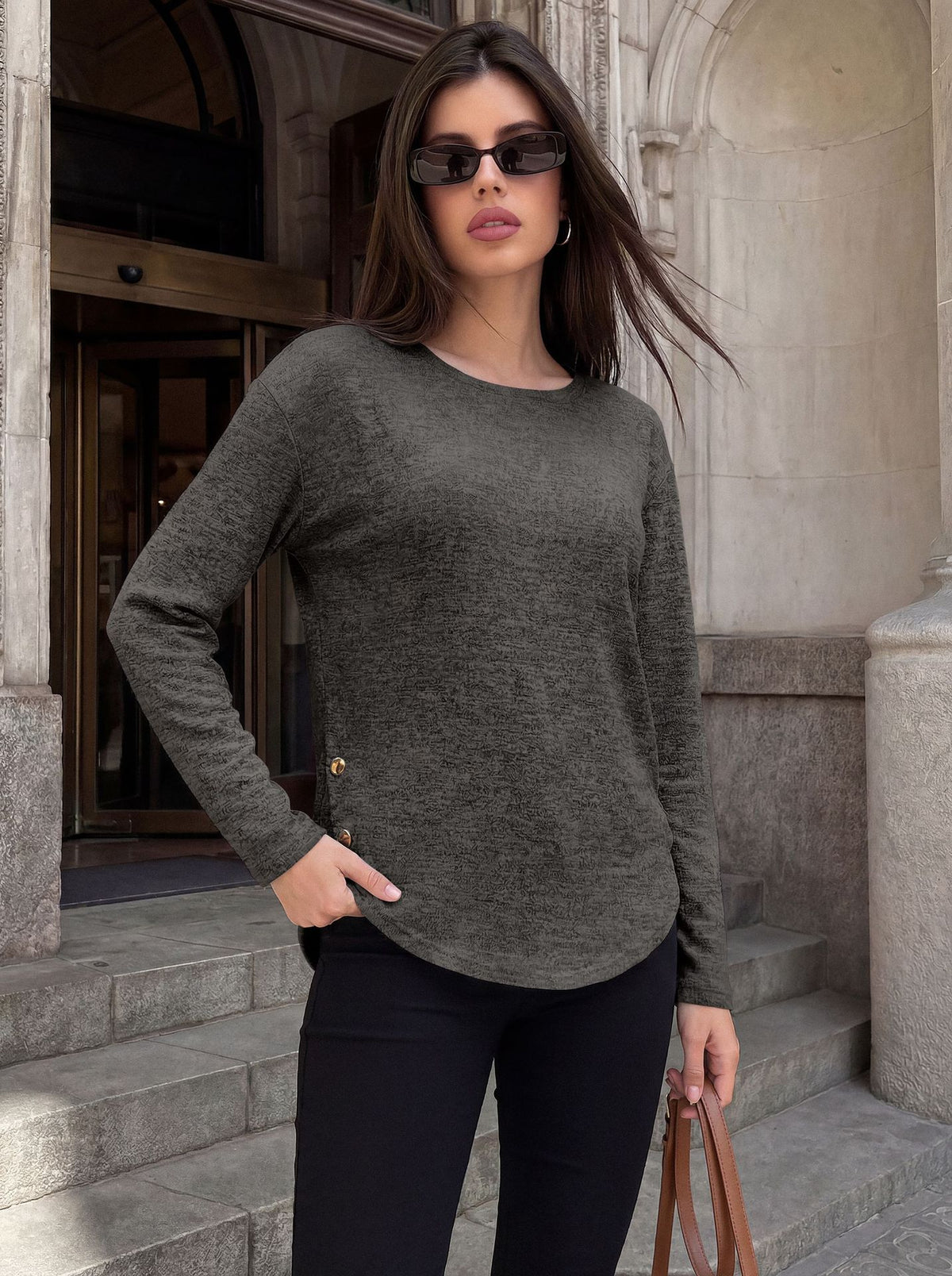 Women's Loose Long Sleeve Side Button Slit Tunic Top