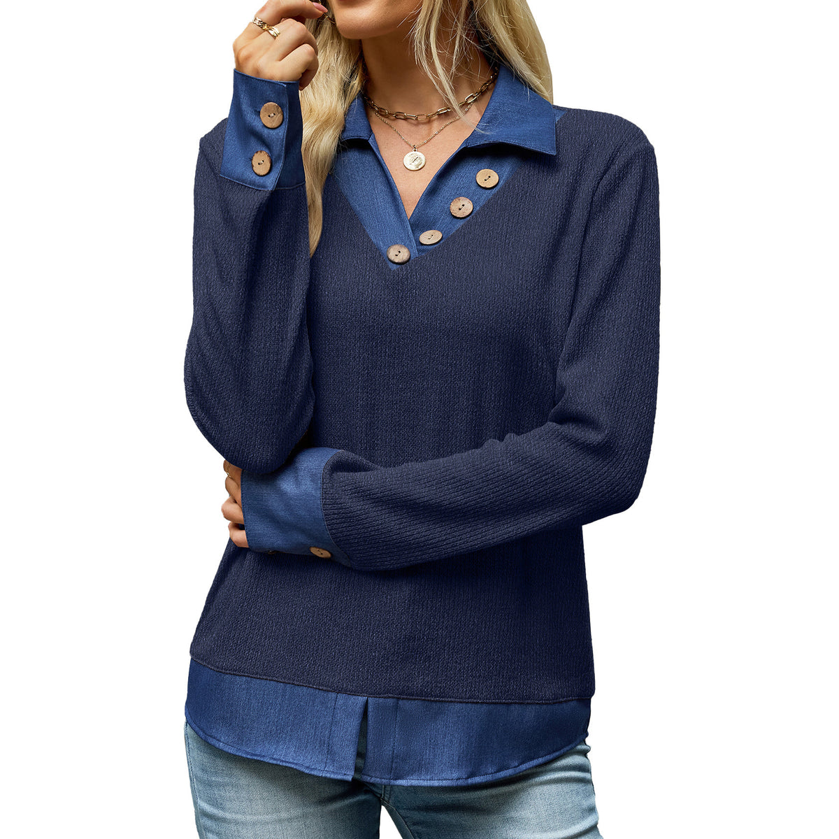 Women's Denim Collar Color Block Pullover Sweatshirt