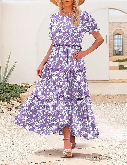 Floral Print Puff Sleeve Tiered Maxi Dress for Summer