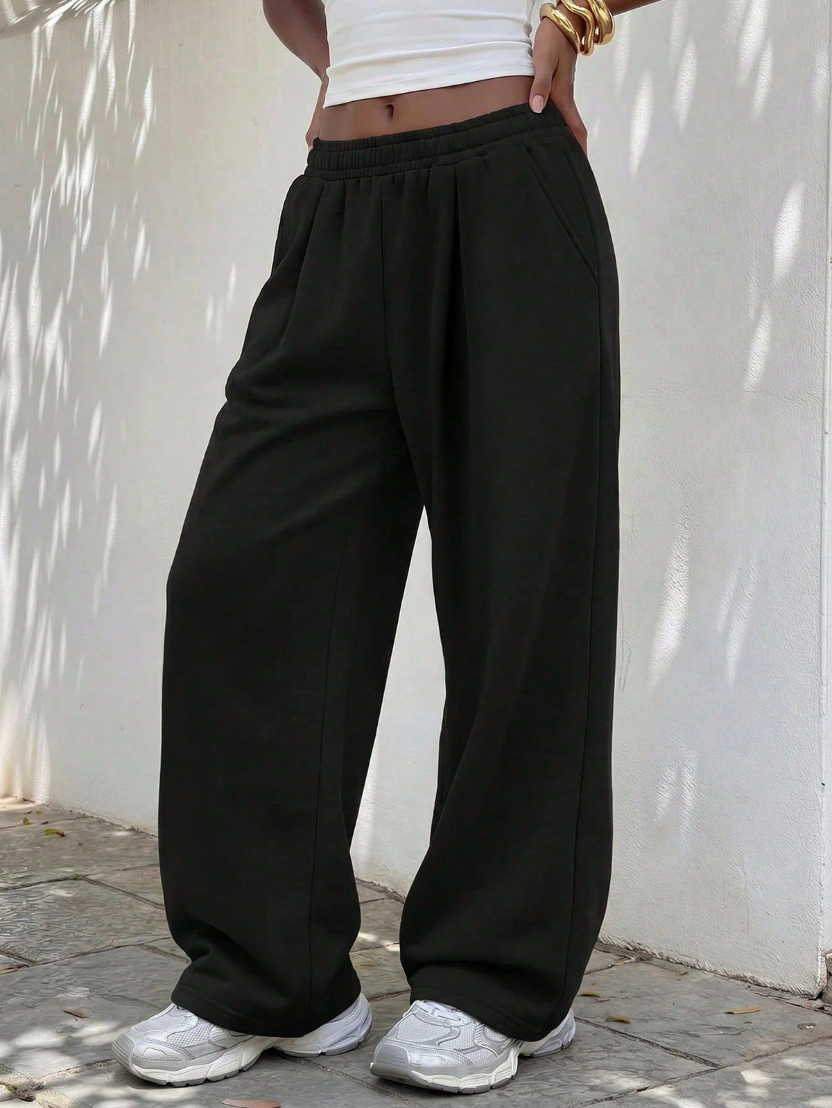 Women's Fleece Lined Baggy Wide Leg Sweatpants Pockets