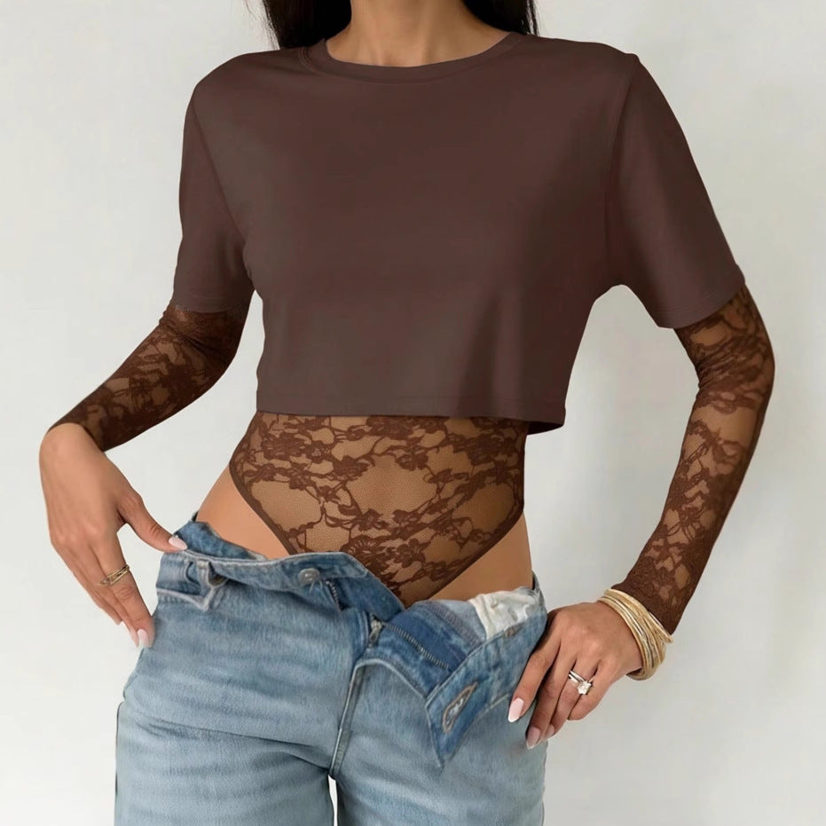 Lace Mesh Bodysuit Crop Top Trendy Layering Tee