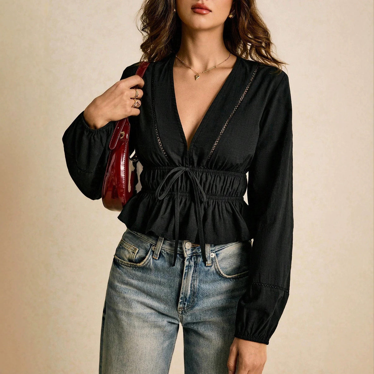Women's Deep V Neck Eyelet Tie Front Peplum Blouse