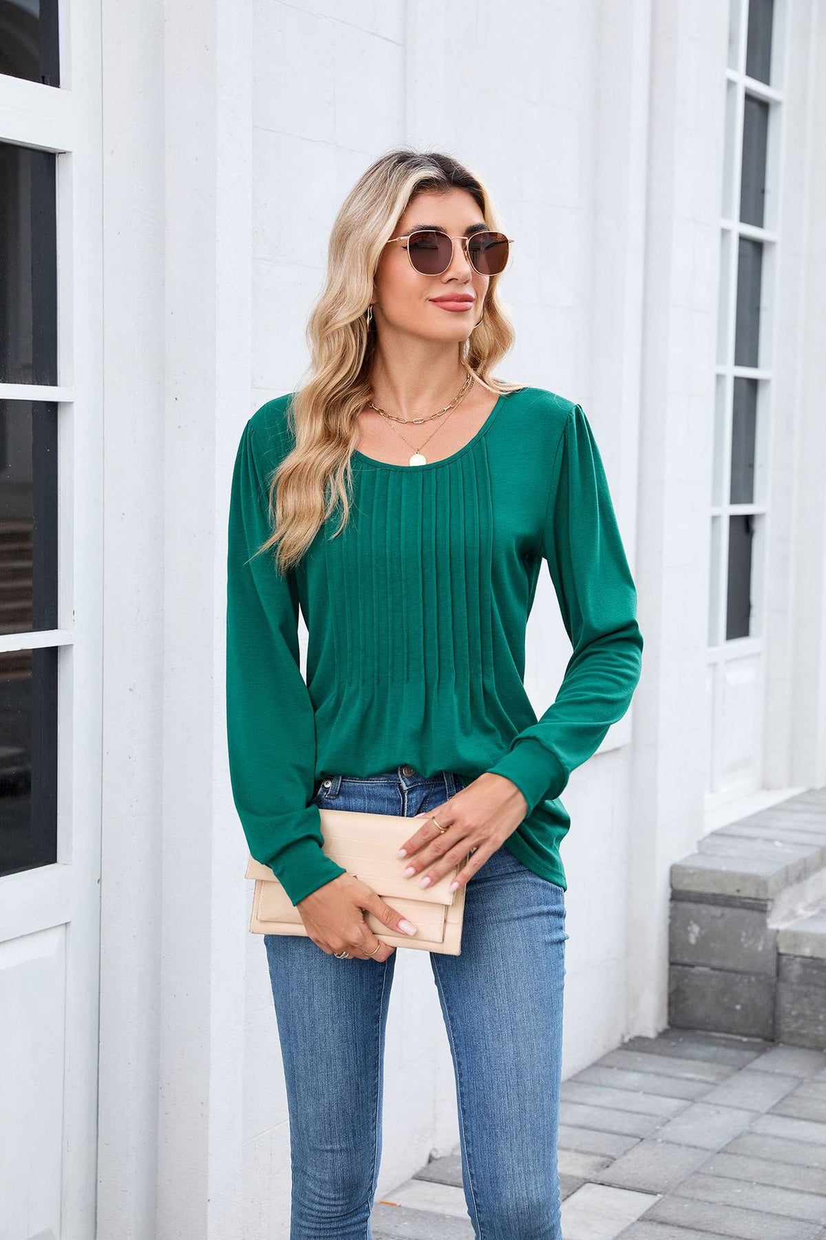 Women's Pleated Front Long Sleeve Tunic Top Loose Fit