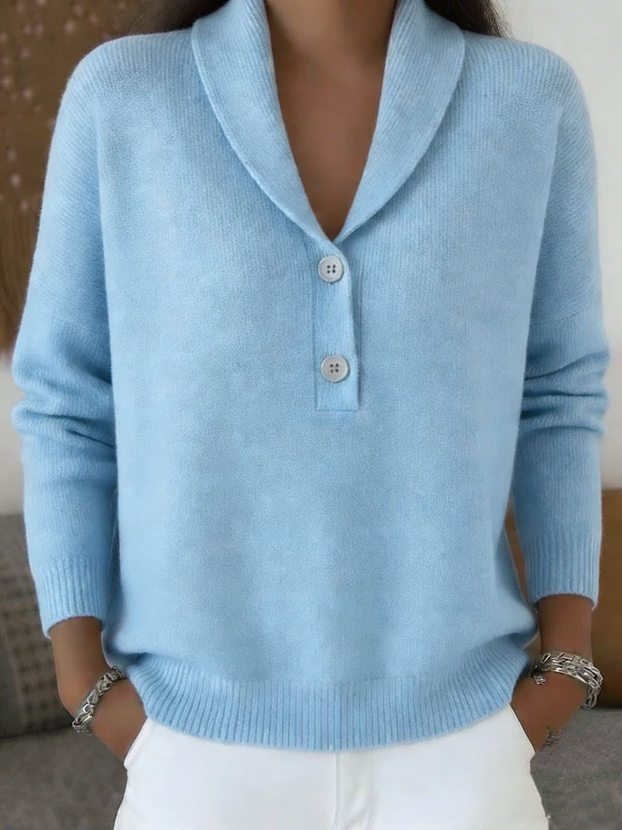 Solid Knit Polo Collar Sweater Button Front Relaxed Fit