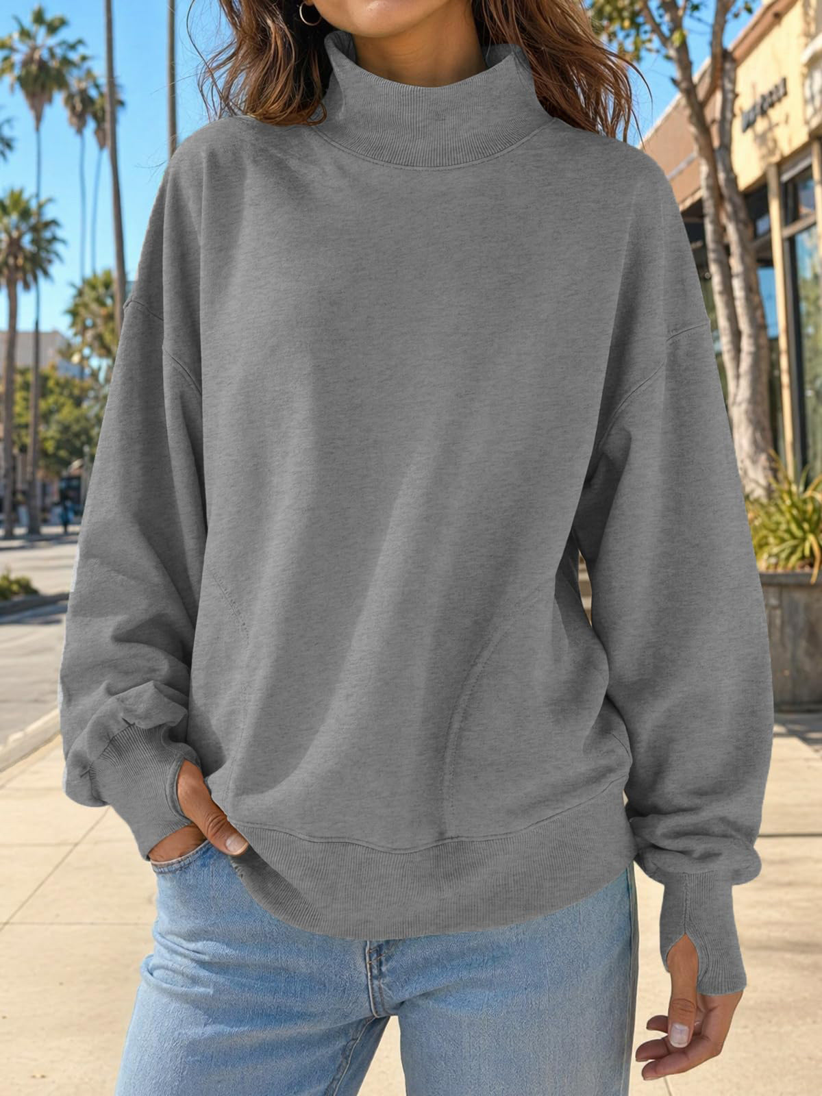 Mock Neck Oversized Womens Sweatshirt Solid Pullover Top