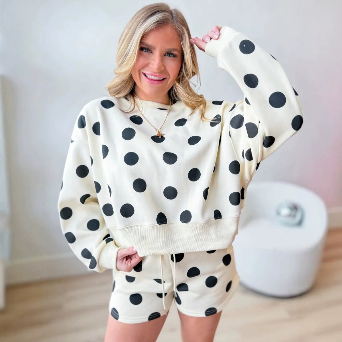 Polka Dot Crop Sweatshirt & Shorts Matching Set