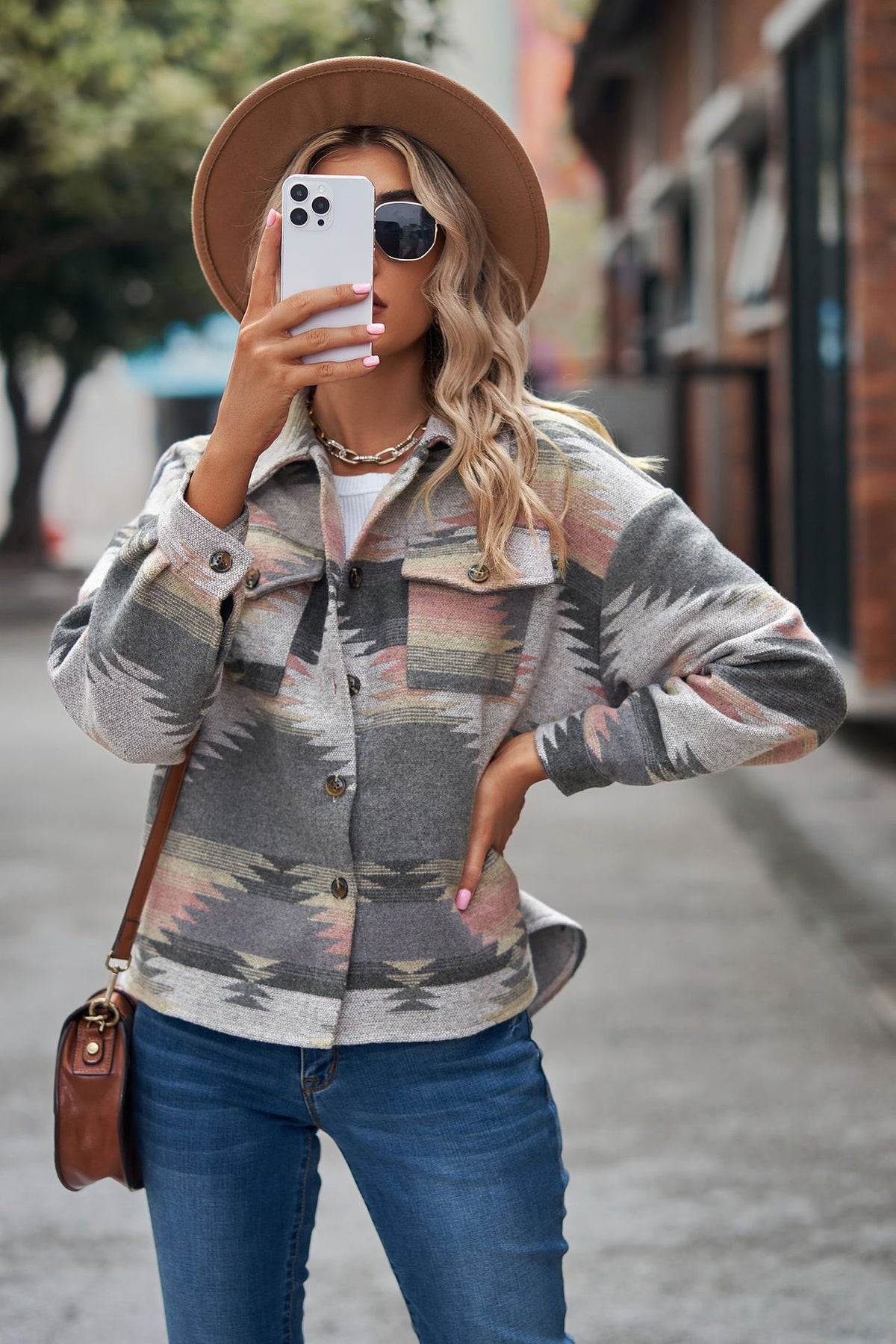 Women's Aztec Cropped Shacket Oversized
