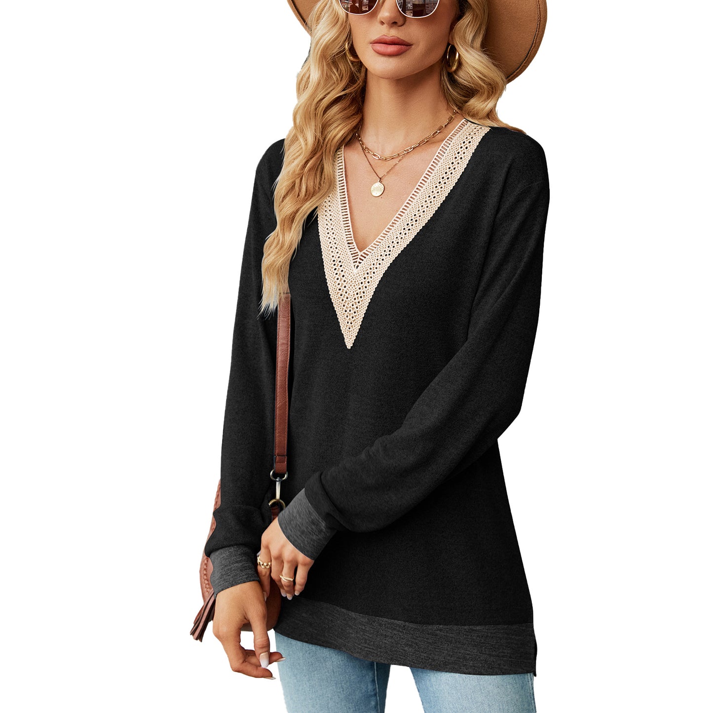Lace V Neck Color Block Long Sleeve Tunic Top Side Split