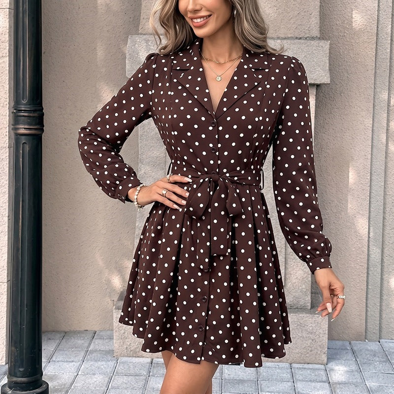 Polka Dot Shirt Dress Tie Waist A Line Mini Dress
