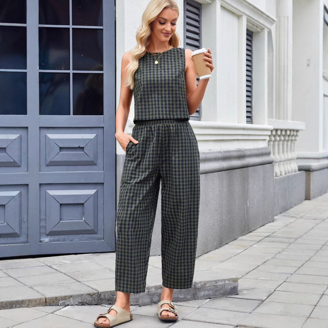 Women's Plaid Sleeveless Top & Pants Two Piece Set