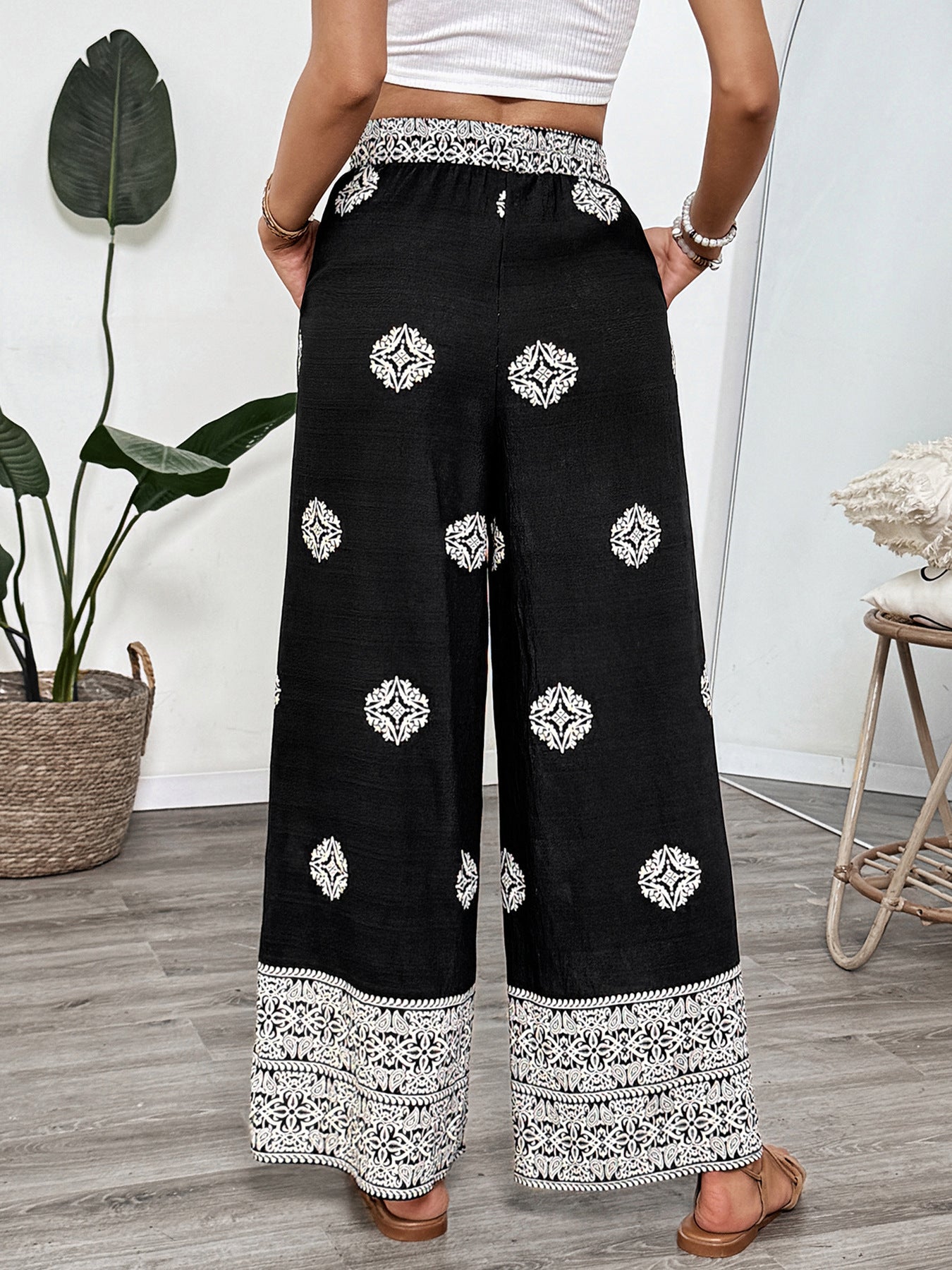 Boho Print Elastic Waist Wide Leg Vacation Pants