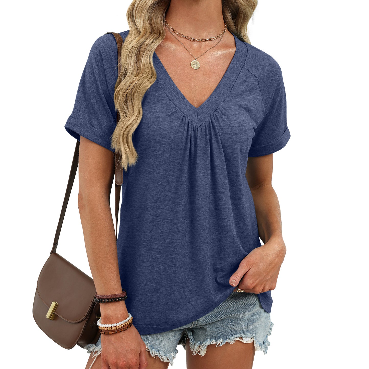Women’s V Neck Pleated Short Sleeve Casual Blouse Top